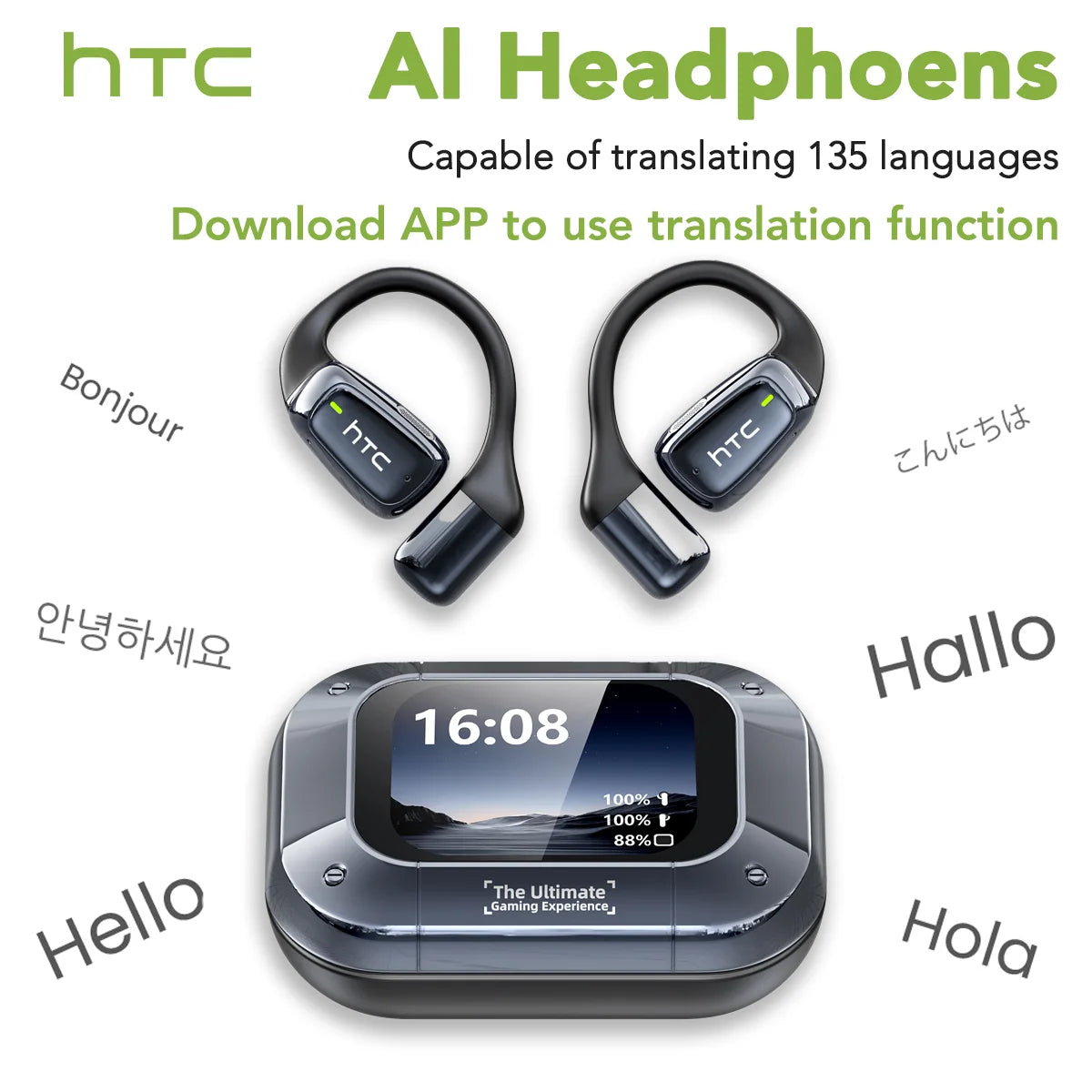 【AI Translator Earbuds】HTC NE25 Bluetooth Earphones LCD Touch Screen Sport Wireless Headphones Long Life with HD Mic