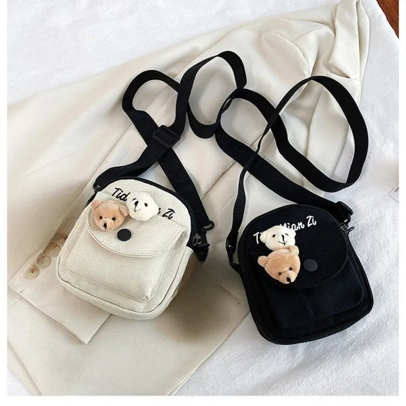 Solid Color Canvas Bag, Girls' Cartoon Teddy Bear Shoulder Bag, Students' Daily Crossbody Bag