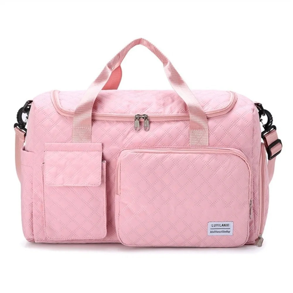 Simple Quilted Travel Duffle Bag Solid Color Oxford Sports Tote Bag Single Shoulder Foldable Travel Handbag Girl