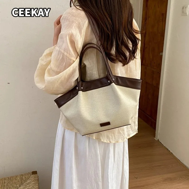 CEEKAY Minimal Linen PU Spliced Large Tote Bag Leather Long Handle Blank Front Tag Two Ways Carry Light Portable Shoulder Purse