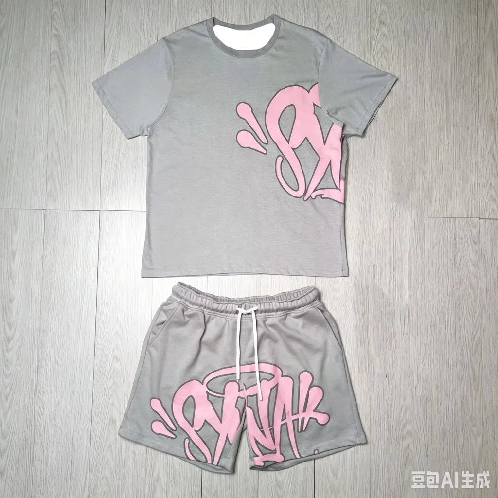 2026 Summer New Style Unisex Abstract Graffiti Graphic 2 Piece Tracksuit Black Tee and Elastic Waist Shorts for Kids Streetwear
