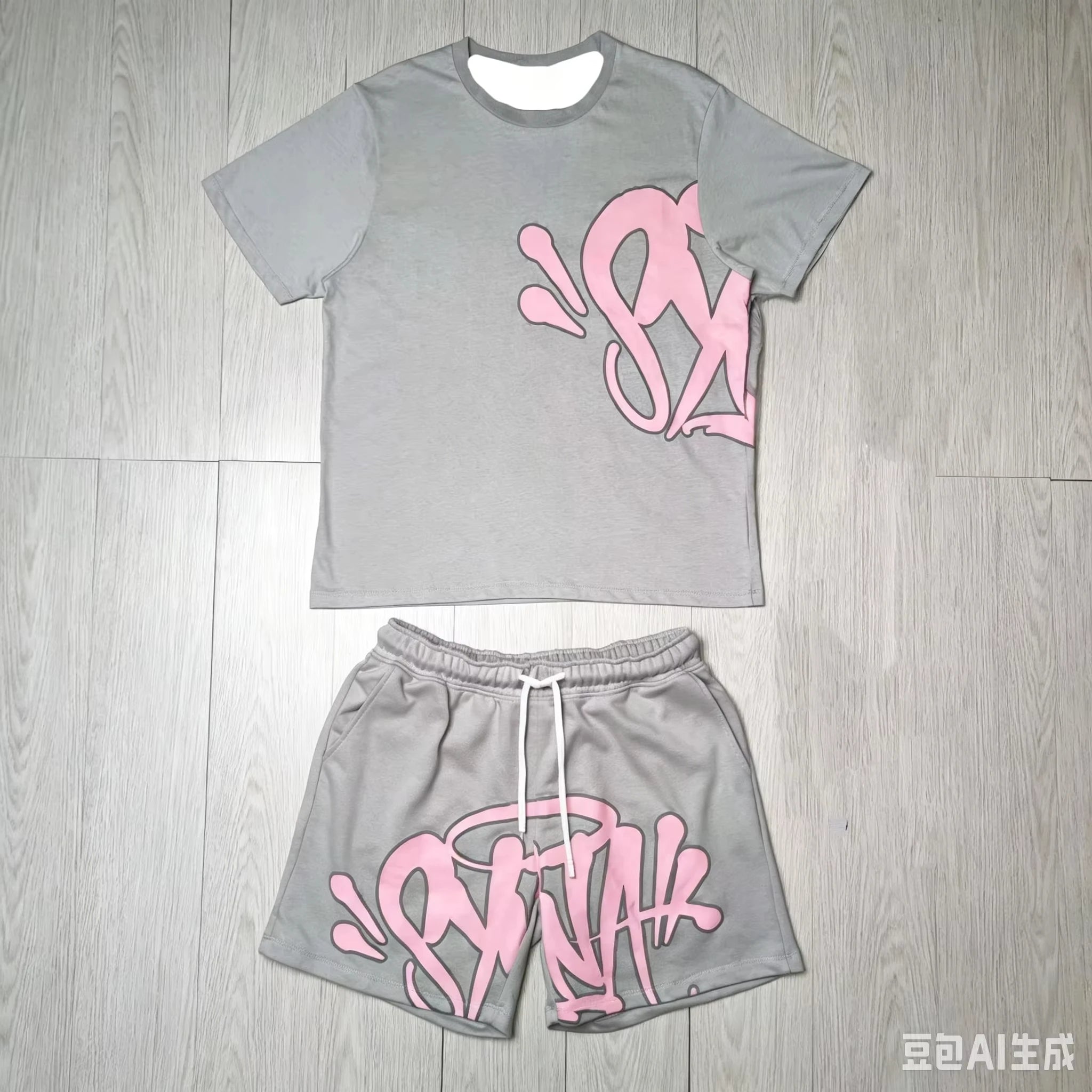 2026 Summer New Style Unisex Abstract Graffiti Graphic 2 Piece Tracksuit Black Tee and Elastic Waist Shorts for Kids Streetwear