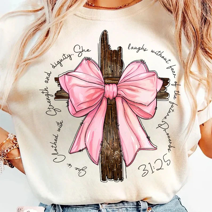 Plus Size Women Tshirt Bow Cross Proverbs Christian Bible Verse T-shirts Short Sleeve Cotton Graphic Tops Tees Female Clothing