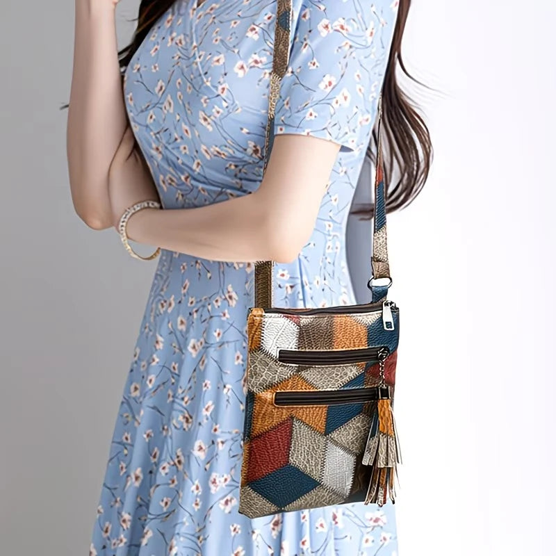 Color Block Vintage Rider Mini Crossbody Pouch Faux Leather Patchwork, Compact Sling Bag for Motorbike Outdoor Leisure Walks