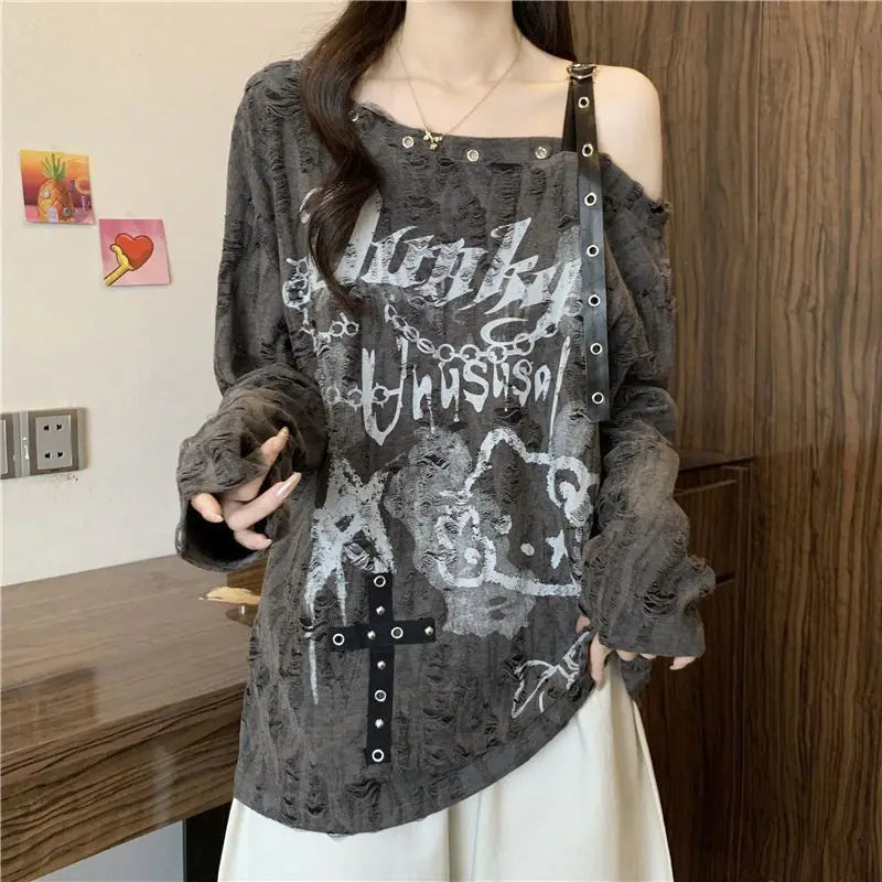 Loose and Slimming Oversized Women's T-shirt with Ragged and Faded V-neck and Off-shoulder Long Sleeves for Spring and Autumn