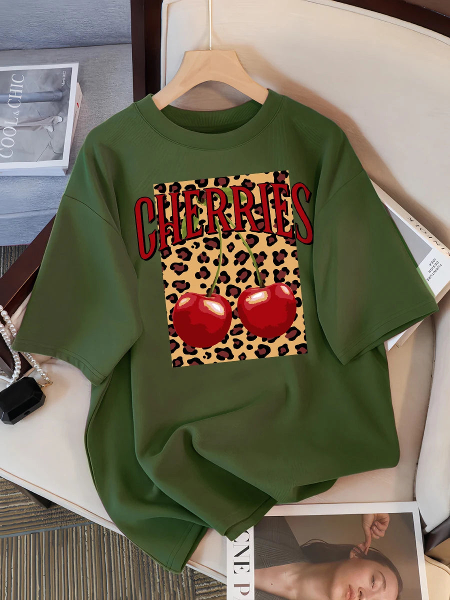 Plus Size Leopard Cherry Creative Design Womens Tee Shirts Casual T Shirt Summer O-Neck Streetwear Soft Oversized Short Sleeve