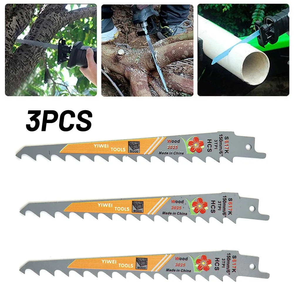 3pcs 6-Inch 3-TPI HCS Reciprocating Saw-Blades For Fast Wood Cutting Nail Embedded Pruning Curved And Plunge Cuts Black