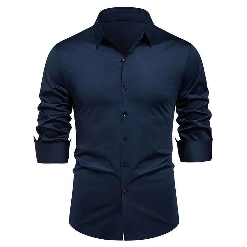 High-end Formal Work Shirts Men Spring Autumn Long Sleeve Elastic Shirt Anti-wrinkle Free Ironing Business Comfort Slim Workwear