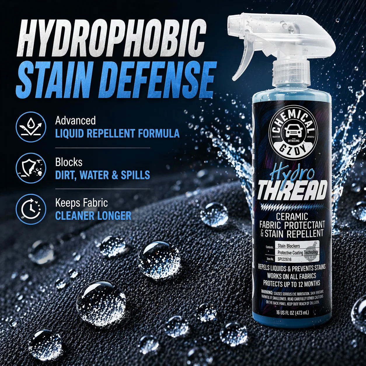 Hydrophobic Car Fabric Protector 473ml – Repels Liquids, Prevents Stains for Seats, Upholstery & Floor Mats