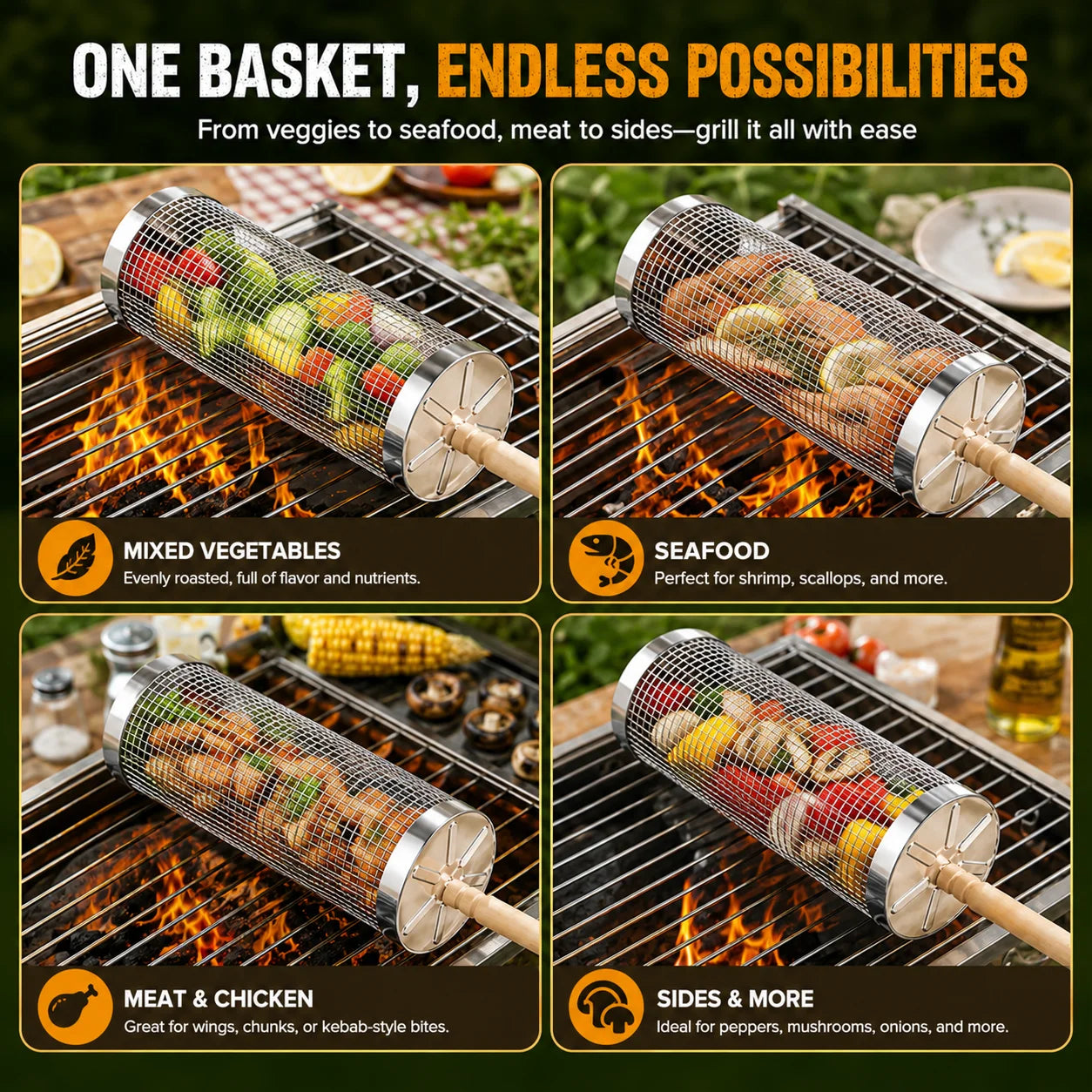 4/6/8 Pack Stainless Steel Rolling Grilling Basket Set Wooden Handle Outdoor Camping BBQ Vegetable Meat Grilling Accessories