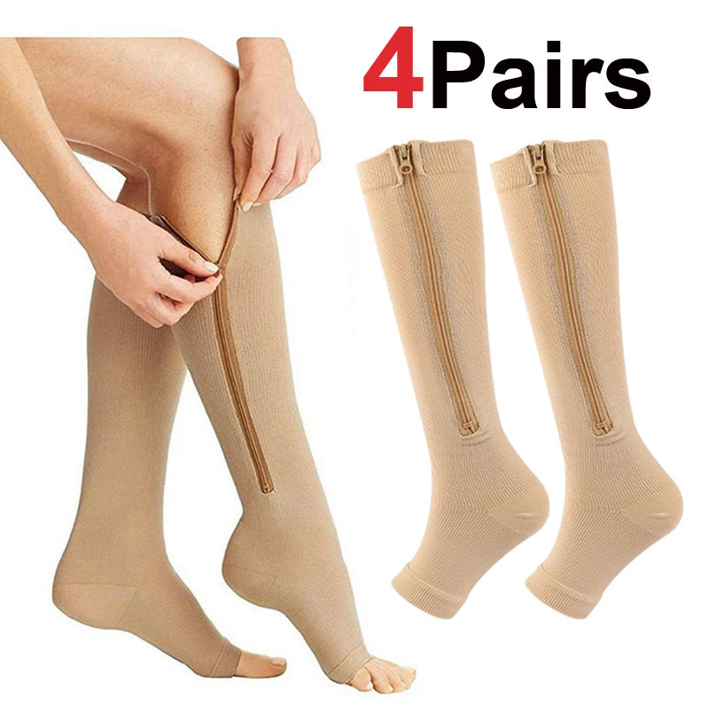 4 Compression Socks for Varicose Support with Zipper Outdoor Running Fitness Hiking Anti-fatigue Medical Diabetes Swelling Care