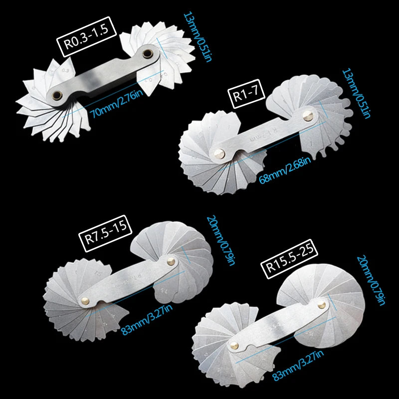 Radius template R gauge R1-6.5 7-14.5 15-25 26-80 radius gage plate fillet gaug External Internal Concave Convex Measuring tools