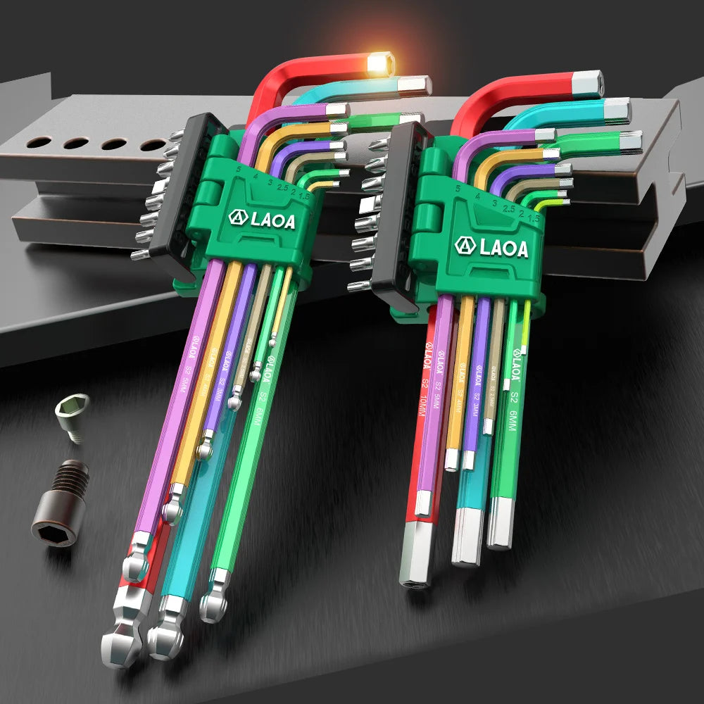 LAOA 9pcs Hexagonal Wrench Hanging Screwdriver With Screwdriver Bits Rainbow Ball Head Hexagonal Hand Tool