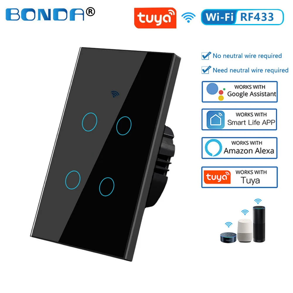 Tuya WiFi Smart Light Switch RF433 No Neutral Wire Required Wall Touch Sensor Switch Voice Control Work with Alexa Google Home 4