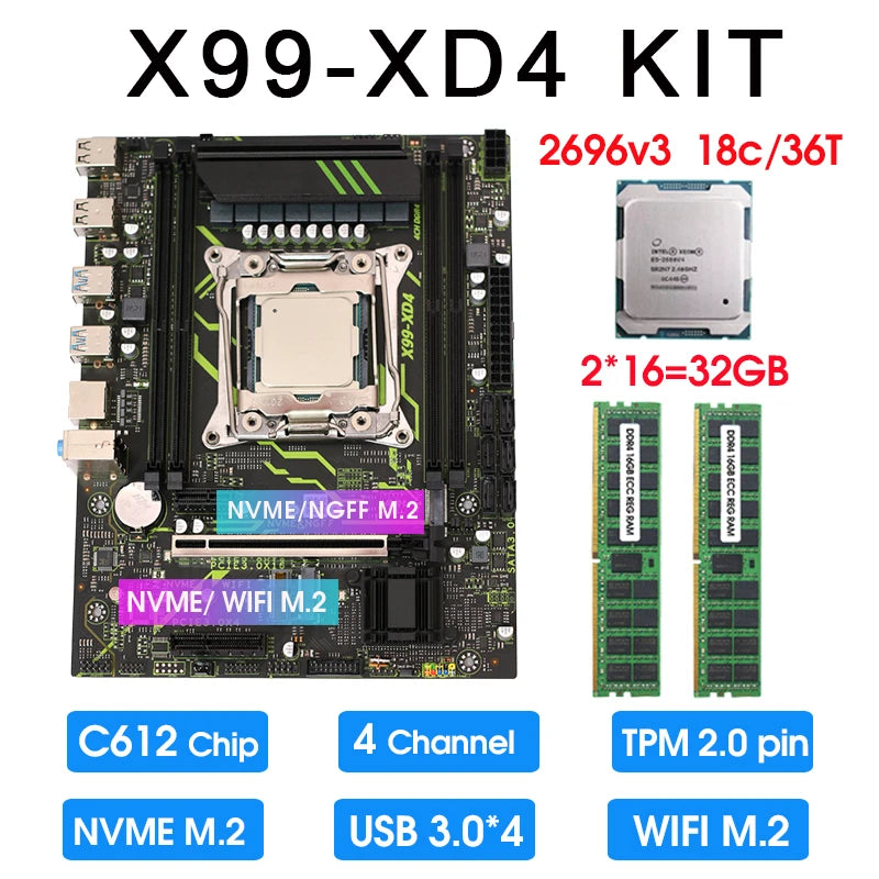 X99 TPM 2.0 Pin Motherboard Xeon Kit E5 2696 2699 2695 2698 2690 V3 CPU DDR4 RAM Complete Combo LGA 2011 V3 Motherboards X99