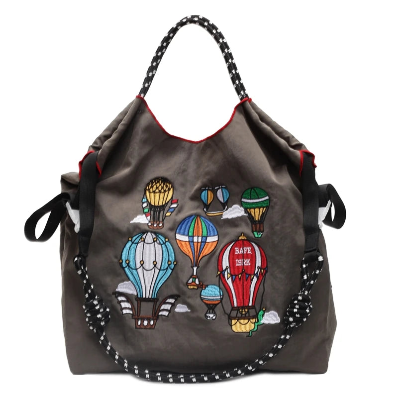 Fashion Embroidered Hot Air Balloon Pattern Large Capacity Lady Canvas Bag New Drawstring Shopping Handbag Thin Style Canvas Bag