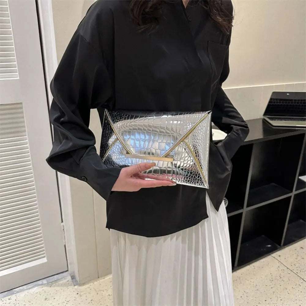 Pure Color Contrast Crocodile Pattern Coin Purse Matte Glossy Square Envelope Clutch Cover Style PU Material Mobile Phone Bag