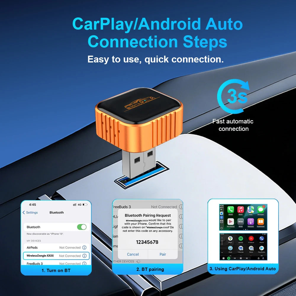 2 in 1 Wireless CarPlay & Android Auto Adapter Mini Wired to Wireless Converter Plug and Play Fast Stable Auto Reconnect