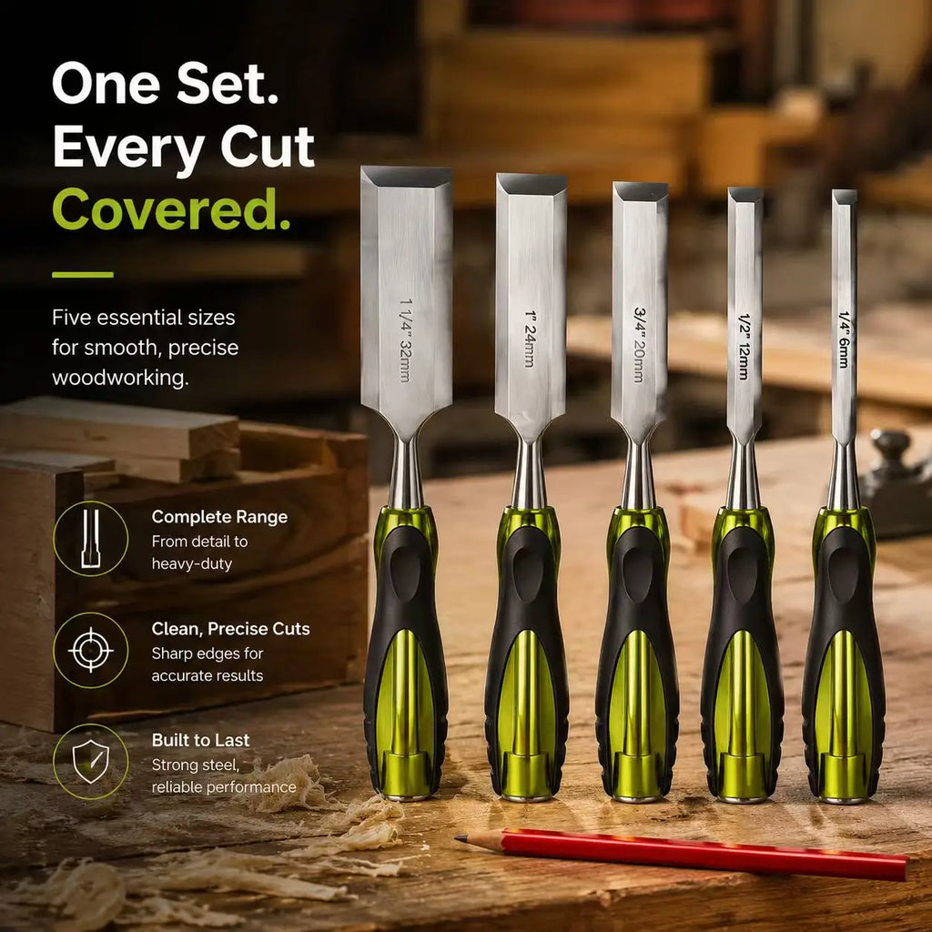 5Pcs Wood Chisel Kit Heavy Duty Carbon Steel Wood Carving Chisels 1/4"-1-1/4" Ergonomic Handle Woodworking
