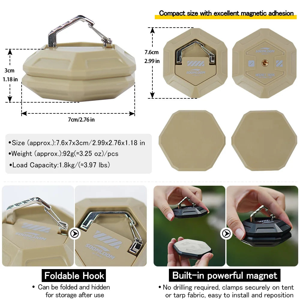 Soomloom Magnetic Camping Hook – Dual-Sided Design with 1/4" Screw Mount, Strong Grip for Tent Fabric & Metal, Multi Tent Hook