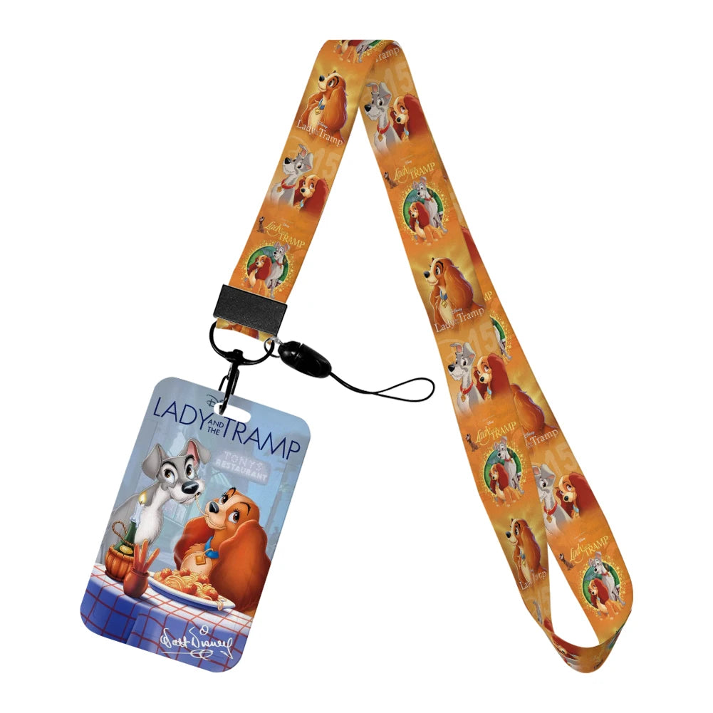 Disney Cartoon Lady and the Tramp Card Holder Anti-lost Neck Strap Lanyard ID Card Pendant USB Badge Clip DIY Keychain Accessory