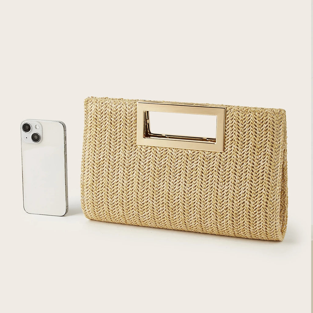Women's Woven Handbag, Summer Beach Essential, Vacation Season, Solid Color, Straw Bag, Versatile Party Handbag, Detachable Shoulder Strap, Light Luxury Metal Handbag, Beach Wedding Handbag