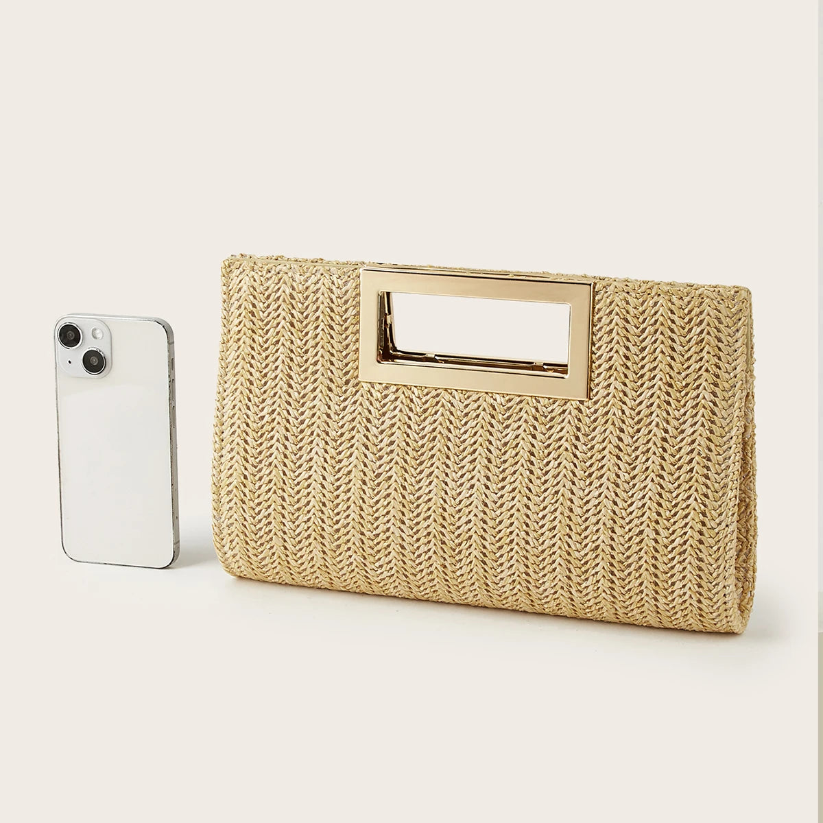 Women's Woven Handbag, Summer Beach Essential, Vacation Season, Solid Color, Straw Bag, Versatile Party Handbag, Detachable Shoulder Strap, Light Luxury Metal Handbag, Beach Wedding Handbag