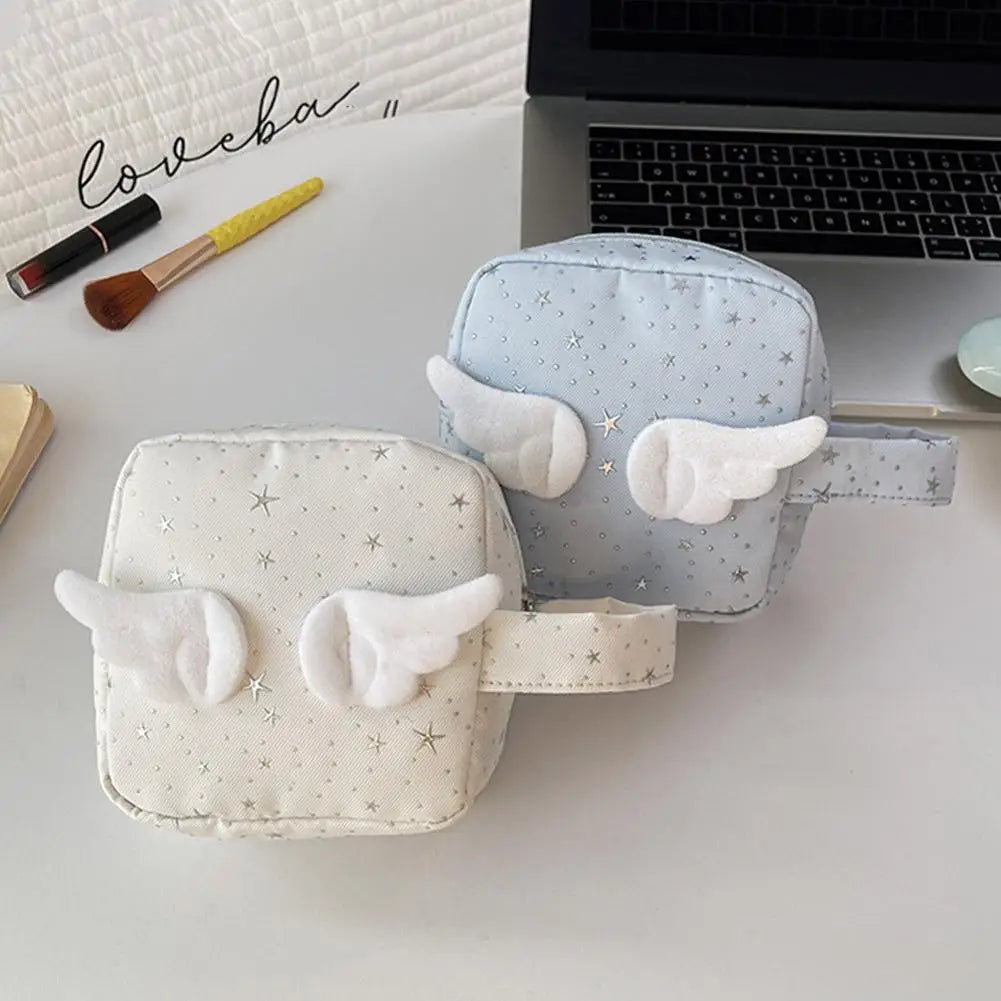 Angel Wing Silver Star Makeup Bag Large Capacity Travel Cosmetic Pouch Cute Sanitary Pad Organizer Lipsticks Wallet Girls Gift