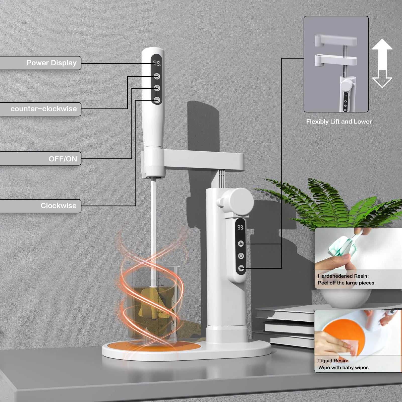 Electric Resin Stirrer Electric Resin Mixer with Stand Minimizing Bubbles  Glue Coatings Stirring Machine 5 Adjustable Speeds