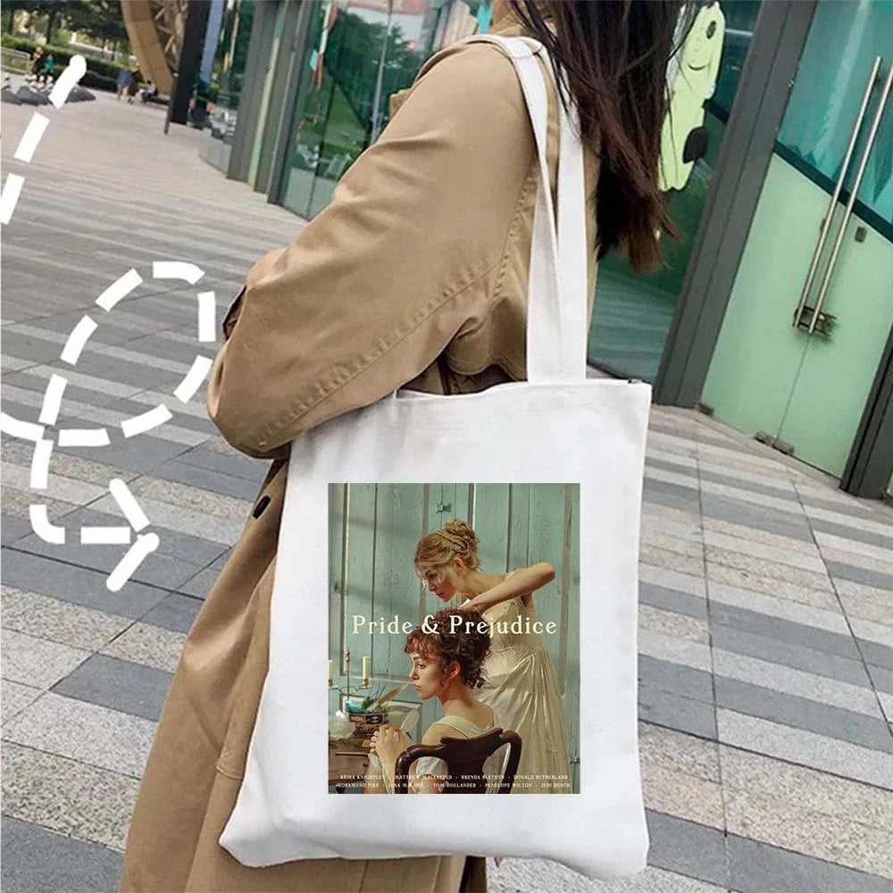 More Pride Less Prejudice Jane Austen Pride Prejudice Elizabeth Darcy Book Bennet Cartoon Shopper Canvas Tote Bag Cotton Handbag