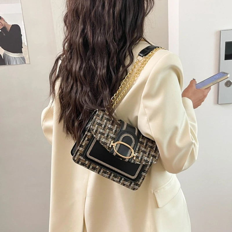 Chic Mini Plaid Tweed Crossbody Bag with Adjustable Strap, Fashionable Buckle Closure - Available in Cream, Green, Blue, Black