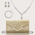 Gorgeous and elegant sparkly women's clutch bag, paired with a gorgeous rhinestone necklace, earrings and bracelet set of four.