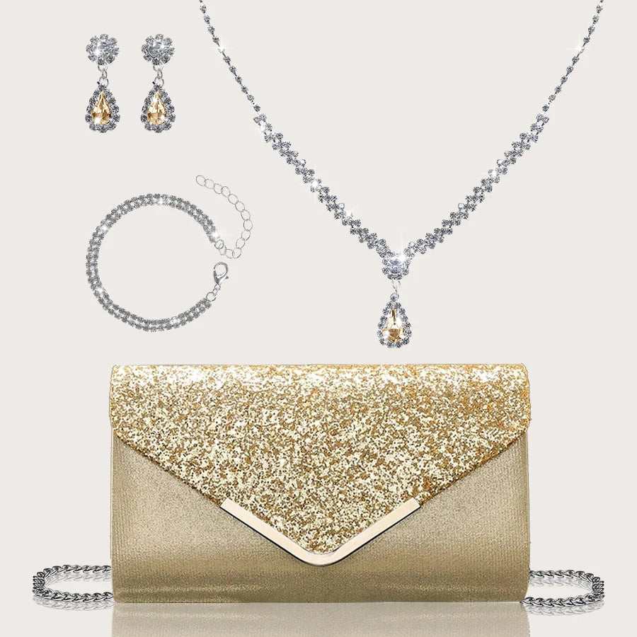 Gorgeous and elegant sparkly women's clutch bag, paired with a gorgeous rhinestone necklace, earrings and bracelet set of four.