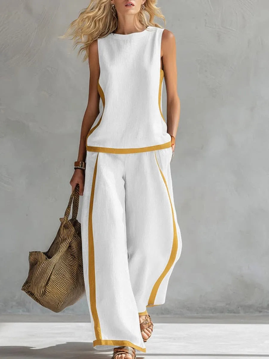 Simple Stripe Print Women's Suits Summer Fashion Sleeveless Loose Blouse Wide Leg Pants Two Piece Set For Women Casual Outfits