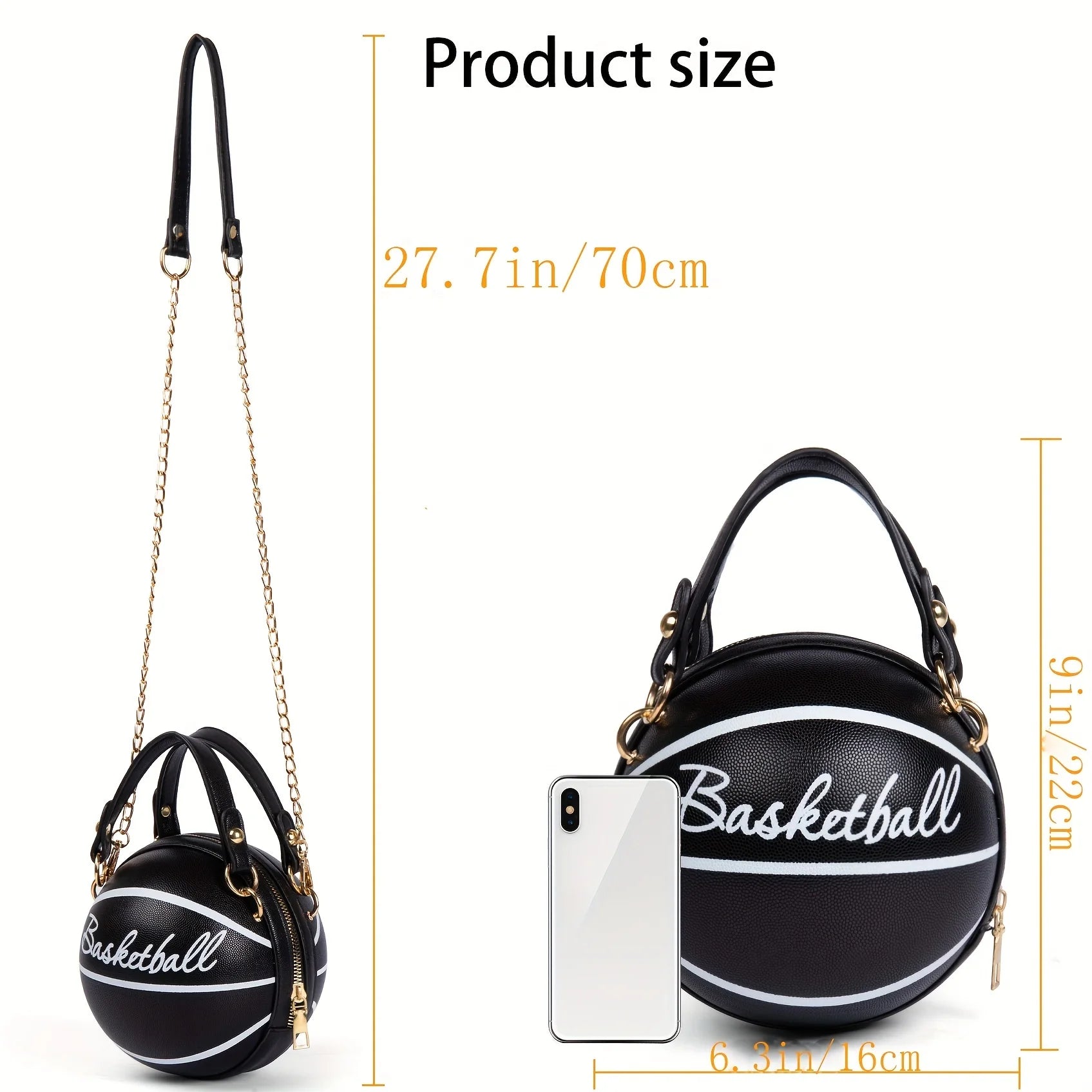 Basketball Shaped Crossbody Bag, Trendy Y2K Chain Shoulder Bag, PU Leather Top Handle Circle Purse Purses and Handbags Hand Bags
