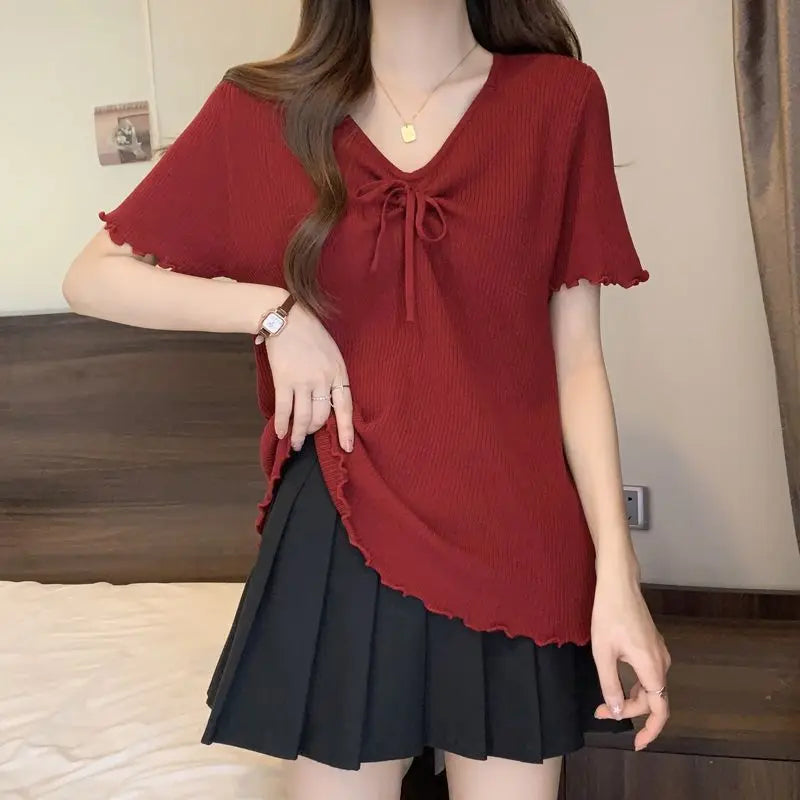 Plus-size women's spring and summer new pure color slimming and age-reducing rope-tied ribbed short-sleeve T-shirt
