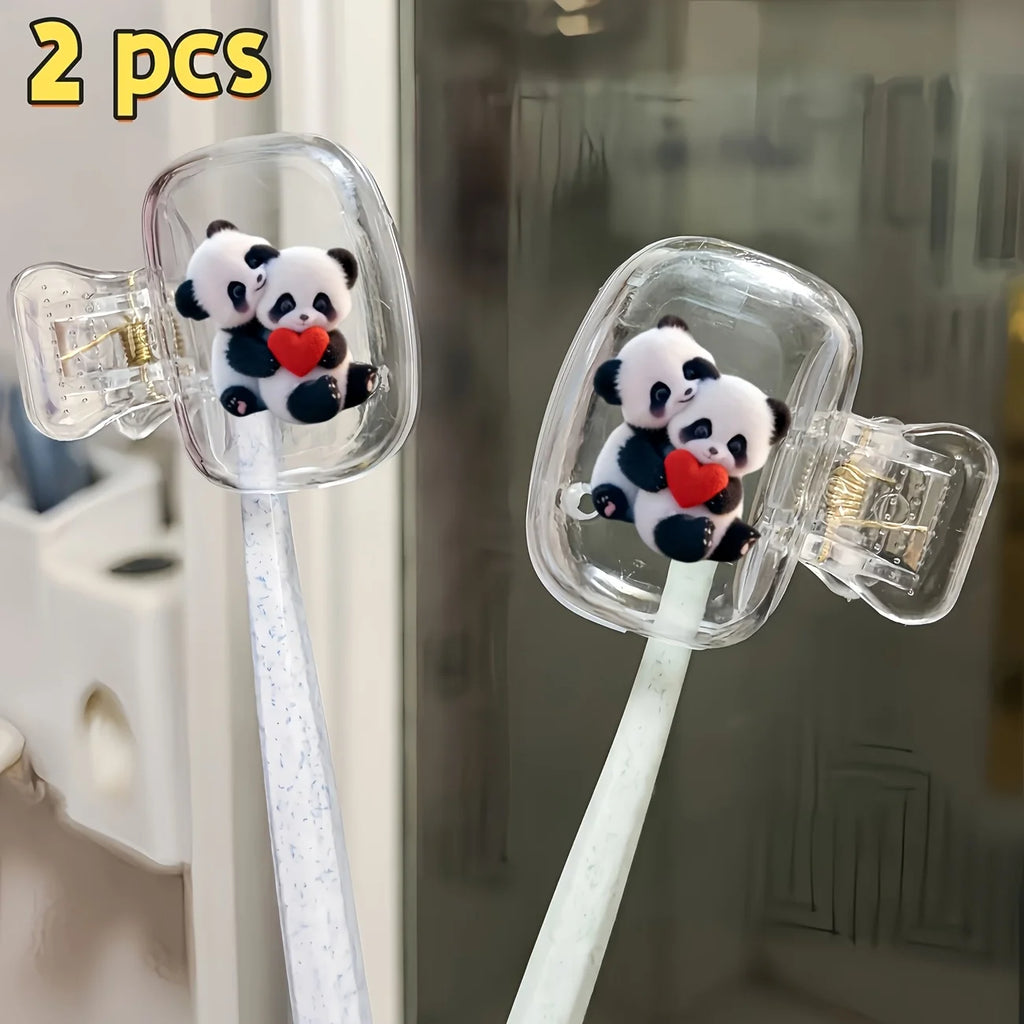 Cute Hugging Pandas 2pcs Portable Toothbrush Head Cover Storage Box Bathroom Additions Family & Business Trips Products Travel