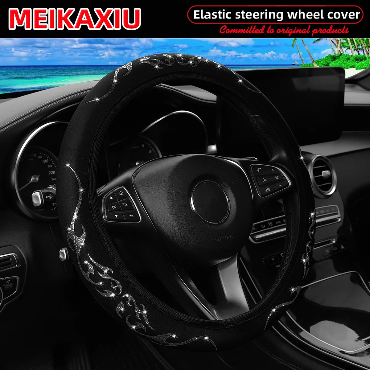 A Blingbling Flame Totem dynamic fabric car without inner ring steering wheel cover fits 14.5-15 inch automotive supplies