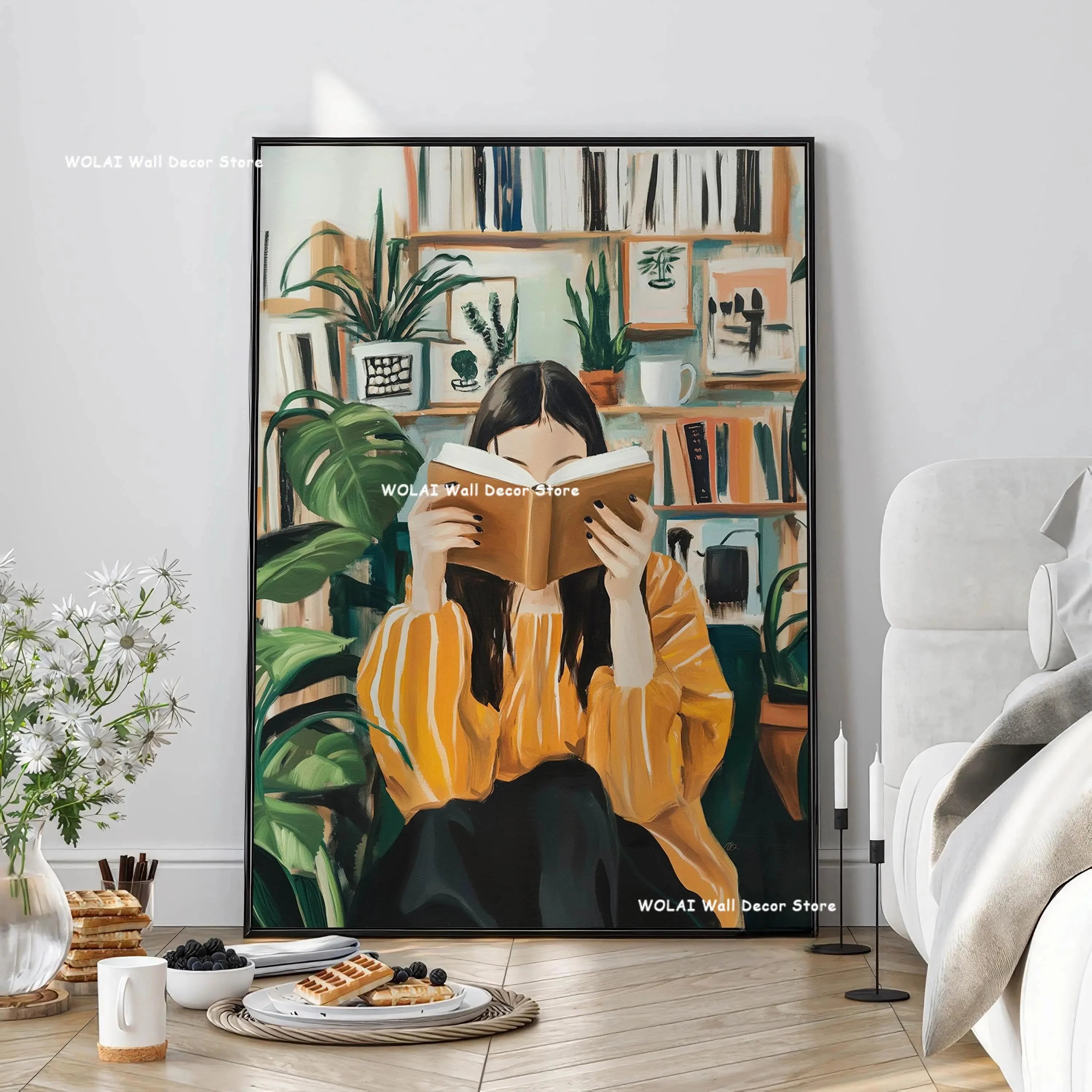Green Abstract Figures Canvas Print with Flower Woman Minimalist Japandi Female Portrait Art Poster for Modern Living Room Decor