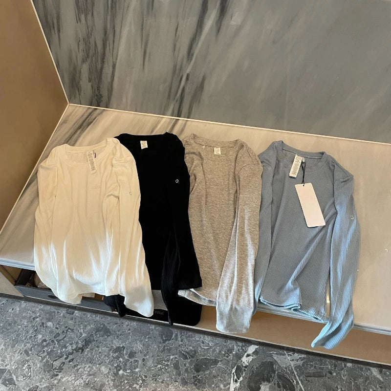 Solid Color Thread Soft Comfortable Slim Tees Elasticity Yoga Pilates Sweatshirt Summer Cotton Long Sleeved T-shirt for Women