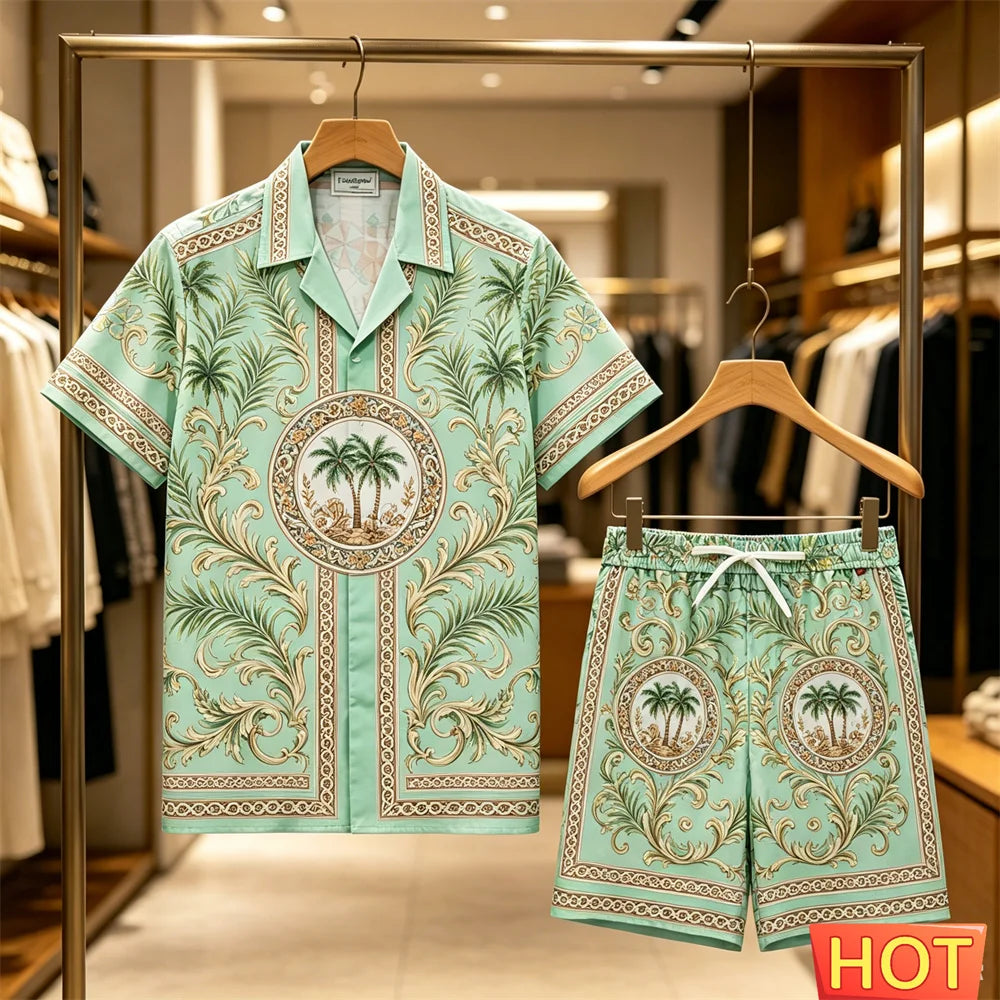 Men's Summer Tees Sets Fashion Coconut Tree 3D Print Short Sleeve Tops +Shorts 2 Piece Outfit Hawaiian Beach Vacation Shirt Suit