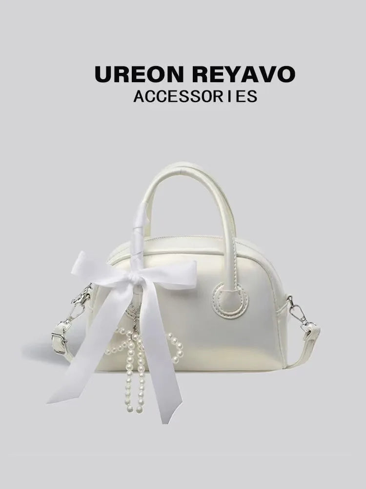 Sweet Mini Boston Bag Women Fashion Pearl Pendant Bow Shoulder Bag Casual Handbag