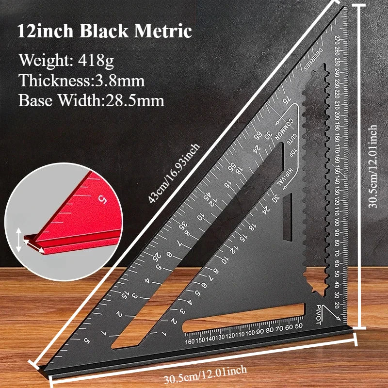 7/12 Inch Metric Aluminum Alloy Woodworking Triangle Ruler High Precision Angle Protractor Marking Gauge Carpenter Tool