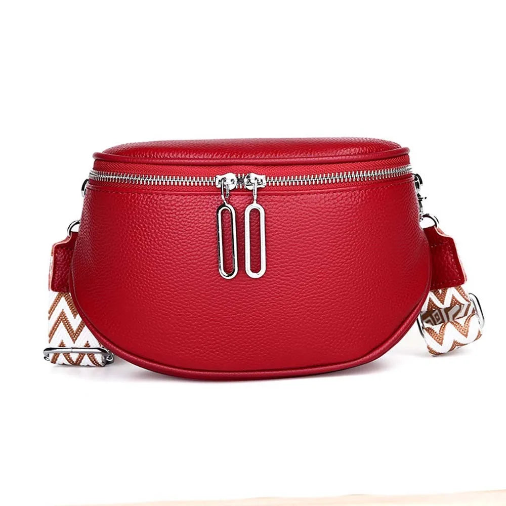Bum Bag Leather Crossbody Bag Cowhide Texture Double Zippers Saddle Bag Jacquard Strap Solid Color Chest Pack Outdoor Travel