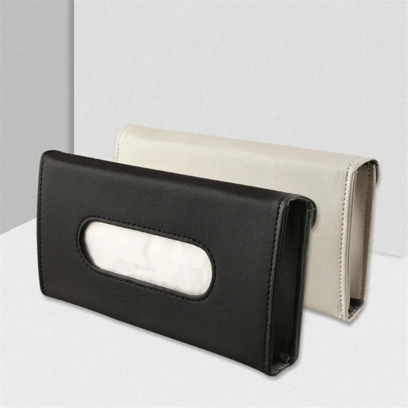 PU Leather Car Sun Visor Tissue Box Holder with Hook-and-Loop Fastener, Auto Interior Storage Bag for Masks and Tissues,