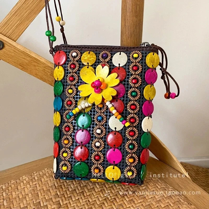 Bohemian Mini Phone Bag Women Summer Flower Coconut Shell Woven Bags 2026 New Thailand Vietnam Travel Tribal Style Coins Purse