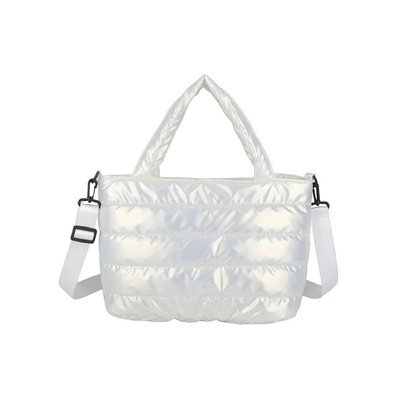 Puffer Quilted Tote Crossbody Bag Adjustable Wide Shoulder Strap Large Capacity Satin Down Handbag for Women Daily Use Commute