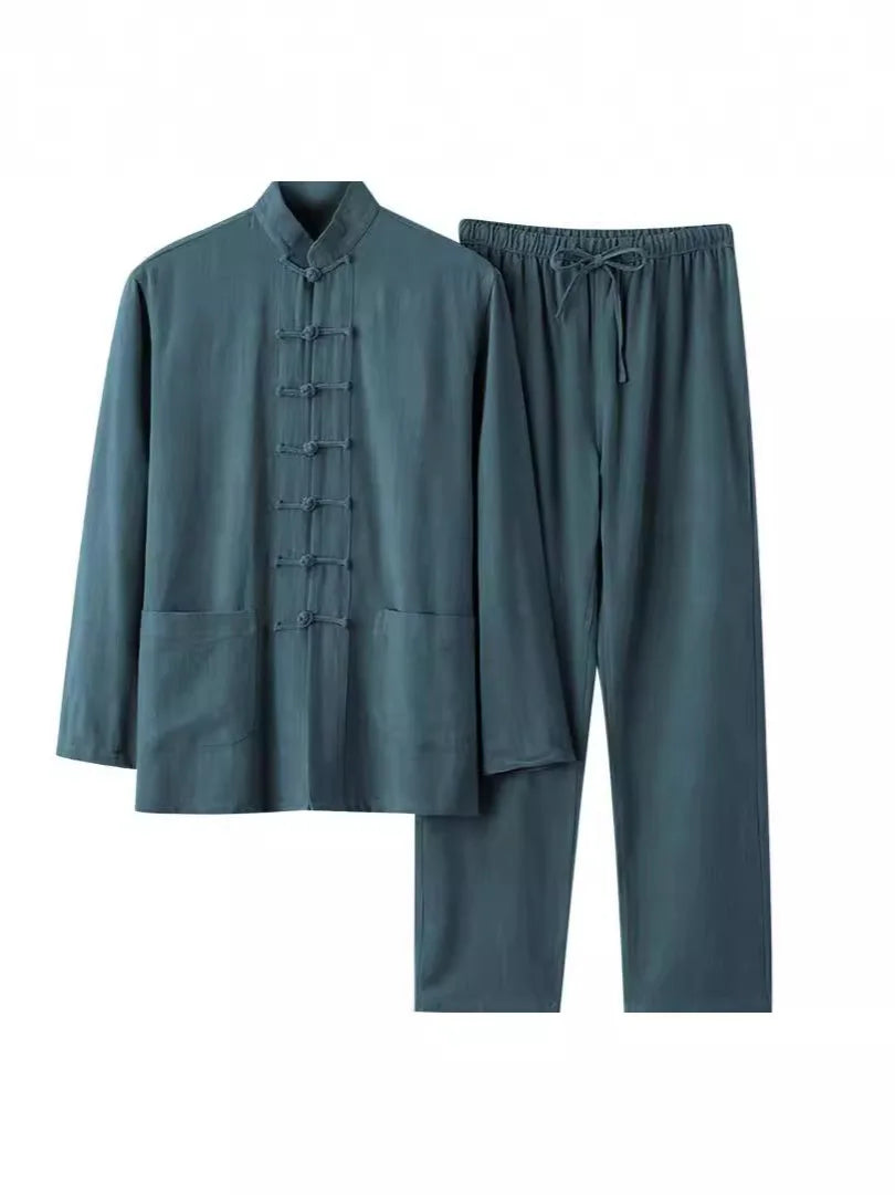 2026 New Men's Cotton Linen Tangzhuang Set Traditional Chinese Long Sleeve Suit Retro Ethnic Loose Tai Chi Clothing