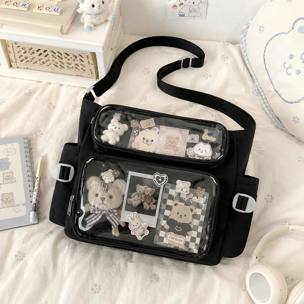 Kawaii Ita Bag Double Transparent Display Nylon Large Capacity Shoulder Crossbody School Tote Bag for Teenage Girls JK Style
