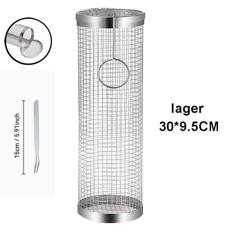 BBQ Basket Stainless Steel Rolling Grilling Basket Wire Mesh Cylinder Grill Basket Portable Round Outdoor Camping Barbecue Rack